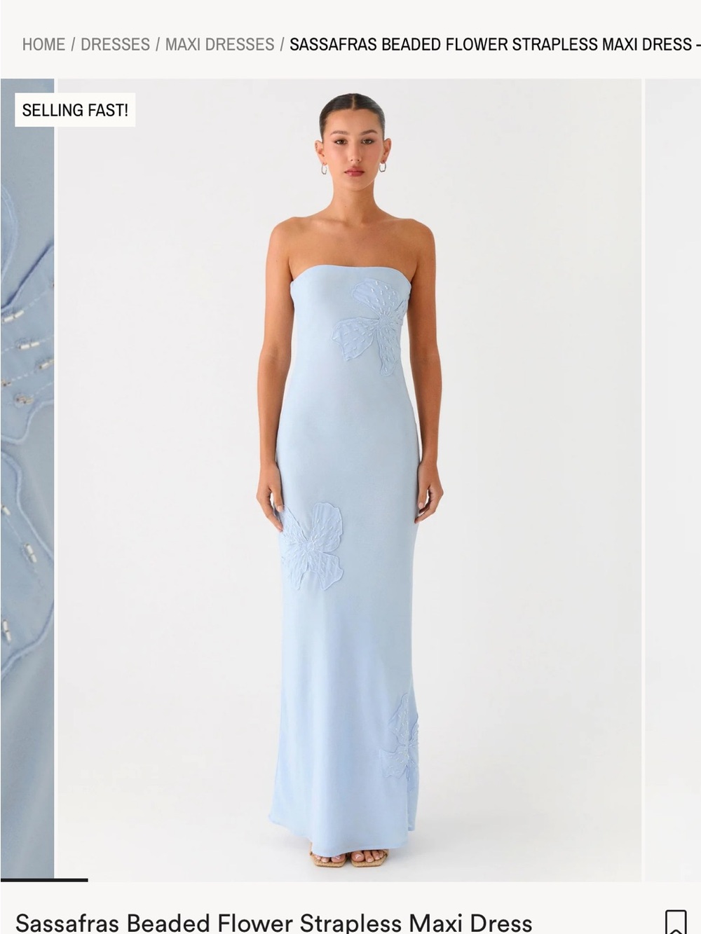 Peppermayo Pale Blue Strapless Beaded Flower Maxi Dress